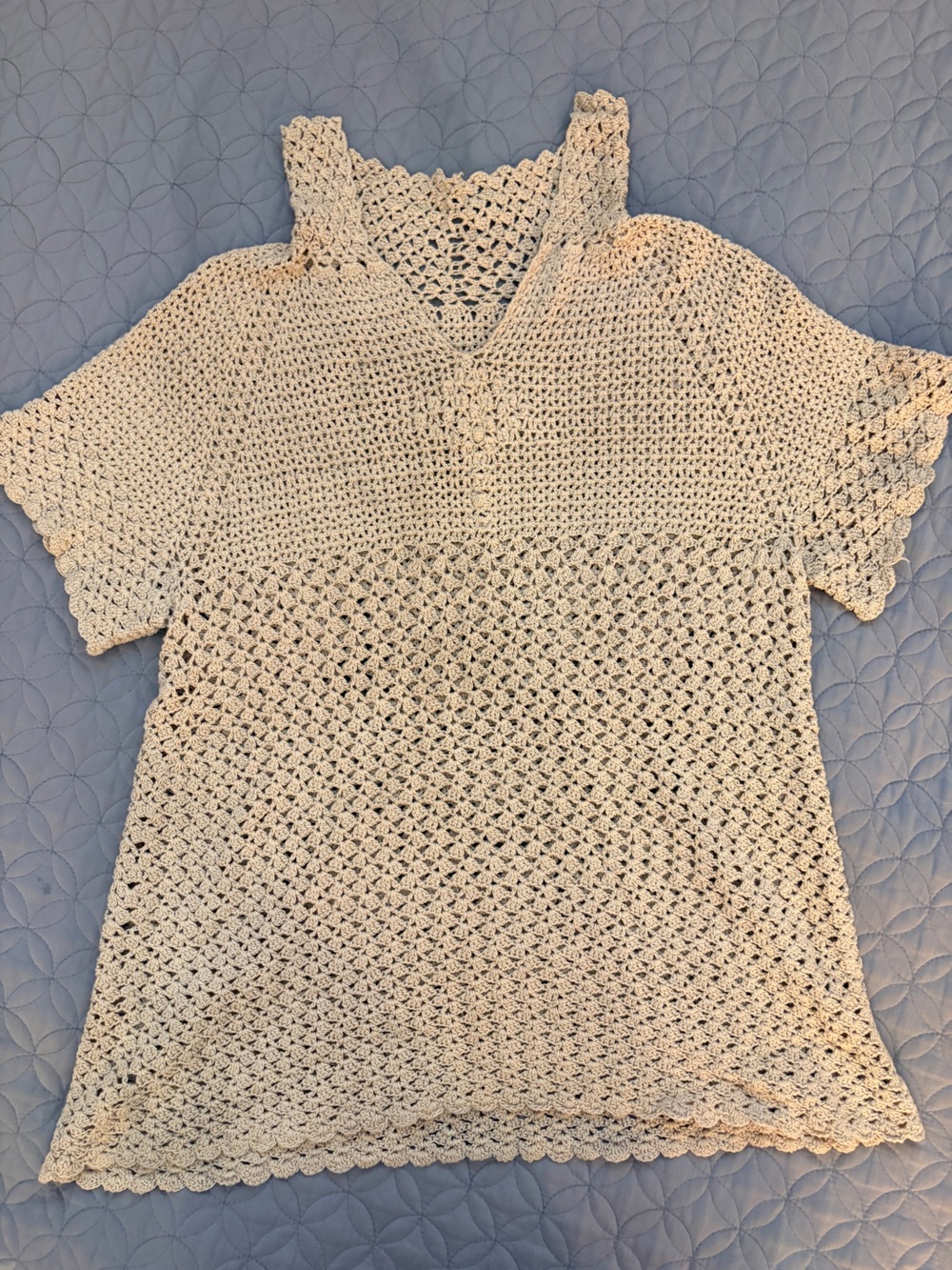 Handmade Crochet Top Cream Knit V-Neck Scalloped Boho Festival Shirt